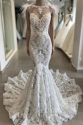 Fit and Flare Lace Crystals Necklace Wedding Dress Open Back Bridal Gowns with Feather